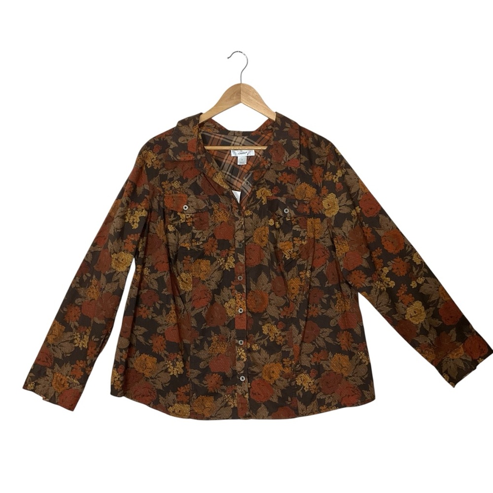 CJ BANKS sz 1X (16-18) Autumn Floral Button-Up Shirt Brown Rust NWT